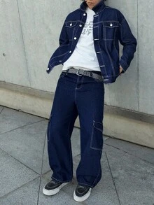 SHEIN 2Pcs Teen Boy Fashion Casual Y2k Vintage Cool Street Returns To School College Two Pieces Set Of Basic And Simple Dark Blue Denim Lapel Long-Sleeved Jacket With Contrasting Color Lines And Pocket Design Loose-Fitting Jeans For Kids Clothes Teen Boy Soft Dailywear And Kids Winter And Fall Rave Outfits Festival And Outfits Streetwear Clothes Denim Boys Outfit Y2k Street Vintage Washed Denim - Blue - View 2