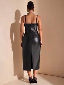 SHEIN BAE Váy maxi chất liệu PU thời trang thu đông cho nữ cỡ lớn - màu đen - Xem 7