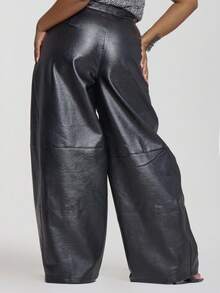 MUSERA Plus Wide Ballon Leg Faux Leather Trousers Cool Girl, Going Out, Sexy, Feraux Spring Summer Casual - Dark Grey - View 5