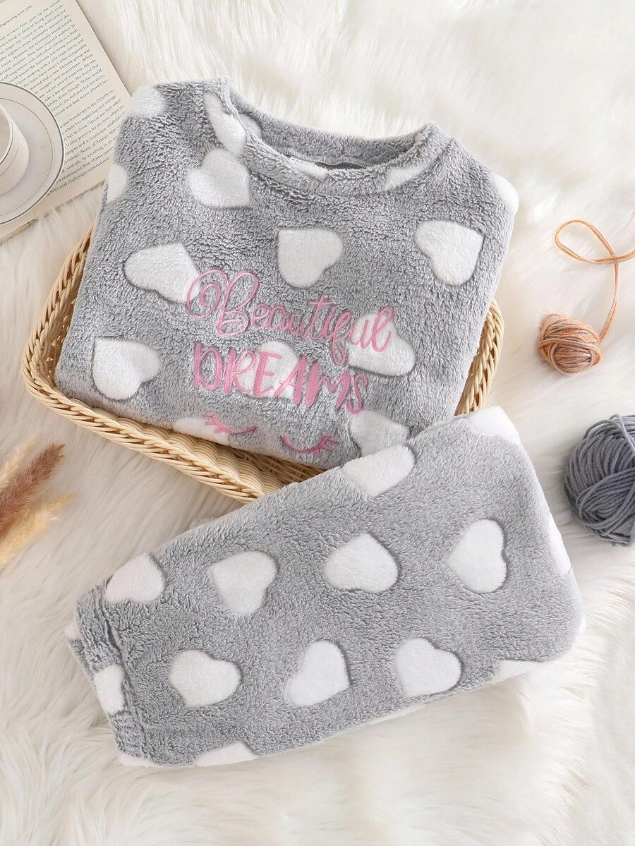 Genkimix Kids 女童灰色羊毛心形睫毛刺绣长袖上衣和裤子套装