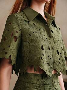 Arave 2 件套女士编织刺绣镂空无袖上衣配腰带和阔腿裤，休闲户外度假装，春夏 - 綠色 - 查看 2