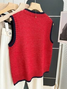 Franclia Casual Loose Crew Neck Sleeveless Knit Contrast Trim Khaki Sweater Top For Women, Spring/Autumn - Red - View 2