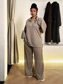 Maweii Bộ đồ hai mảnh dành cho nữ cỡ lớn, kiểu dáng thể thao thoải mái, gồm áo khoác có khóa kéo và quần ống đứng dáng rộng, màu nâu, thích hợp cho mùa xuân, thu và đông. - màu nâu - Xem 2