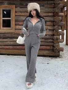 DAZY 秋冬休闲修身针织开衫和直筒裤套装，新年和圣诞节时尚连帽毛衣，纹理针织运动紧身裤，女士两件套毛衣套装 - 灰色 - 查看 6