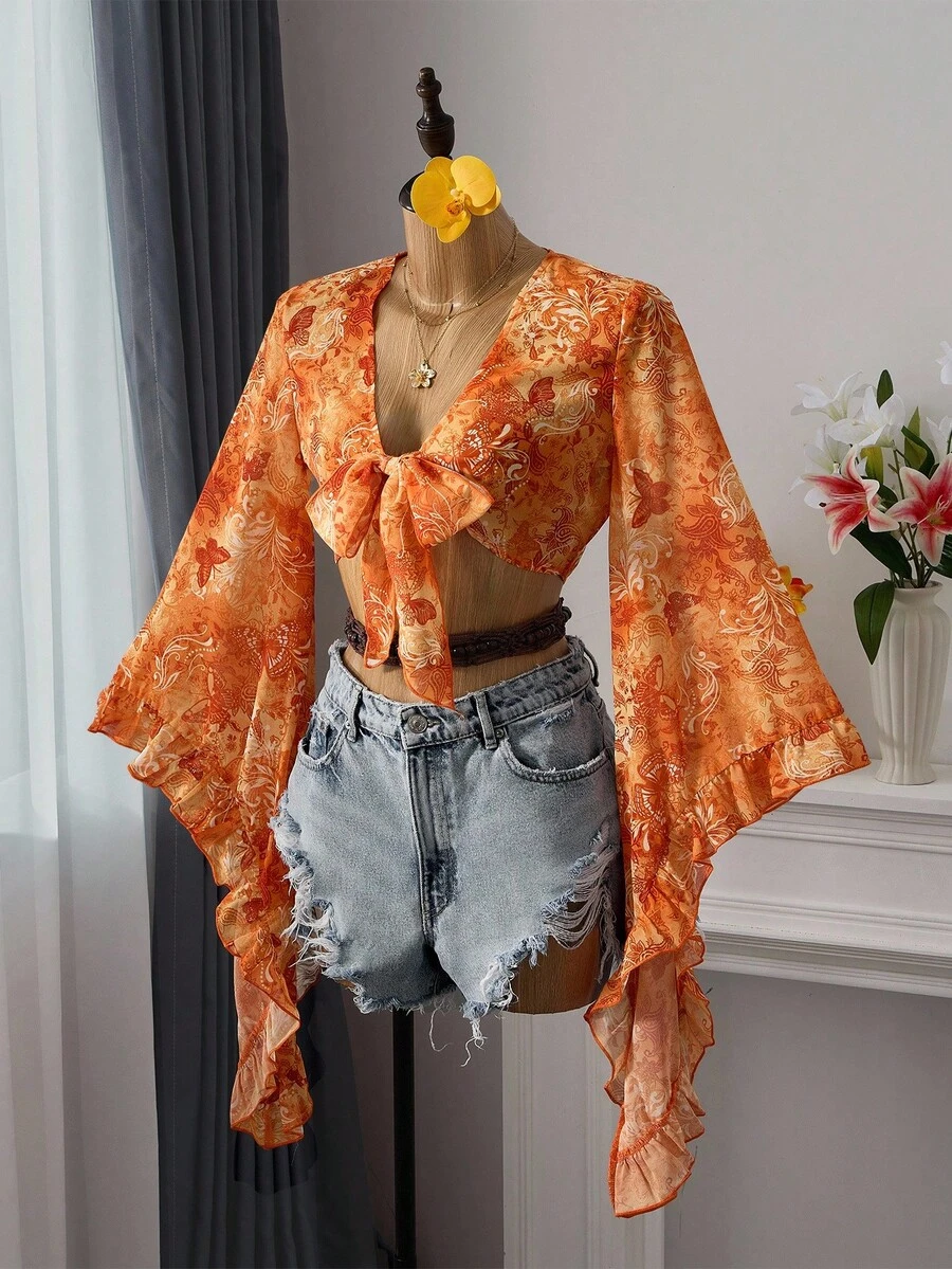 Bellisia 女士夏季高端蝴蝶橙色热情佩斯利渐变色蝙蝠袖荷叶边下摆浪漫度假V领系带前罩衫 - 橘色 - 查看 1