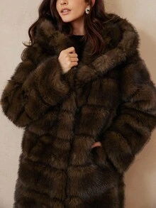 Aveloria Rosie 全新时尚简约百搭奢华修身高端设计女式连帽仿皮草大衣 - 棕色 - 查看 7