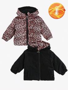 Unisex Baby Girl Reversible Leopard Print Black Hooded Zip-Up Long Sleeve Padded Coat, Thickened Autumn/Winter Coat, With Fake Pockets, Casual & Versatile - Multicolor - View 2