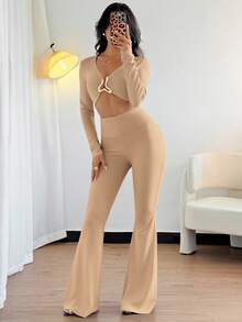 Chiquease 欧美风格休闲金属装饰腰部收紧长袖性感黑色高弹力女式连体裤 - 卡其色 - 查看 3
