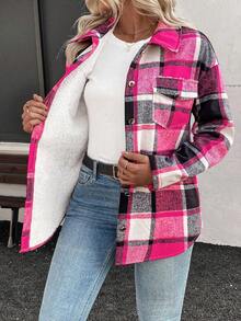 EMERY ROSE Christmas Women's Plaid Thermal Lined Casual Commuter Fashion French Elegant Street Retro Versatile Holiday Business Apricot Autumn/Winter Long Sleeve Jacket Regular Outerwear