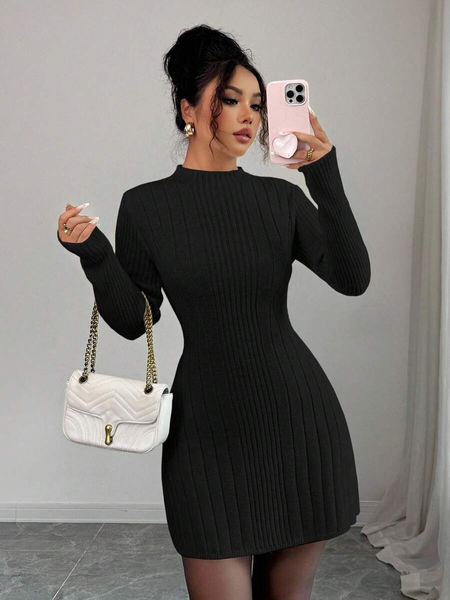 Elenzga Vestido ajustado de línea A de manga larga con cuello alto acanalado, que estiliza y ciñe la cintura para mujeres - Negro - Ver 1