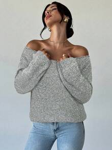Firerie Women's Elegant Casual Versatile Textured Yarn Off-Shoulder Loose Sweater, Long Sleeve Top, Suitable For Spring, Summer, Autumn And Winter,Cozy Fall And Winter Clothes For Women