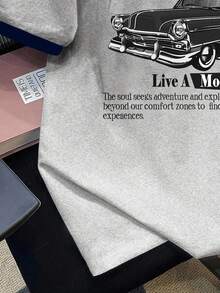 Manfinity Joysei 标准尺寸男士复古汽车图案灰色 T 恤，海军蓝色袖子撞色设计，适合夏季、郊游、学校、朋友礼物 - 彩色 - 查看 5