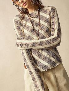 Bohemela 女式休闲纯色针织蕾丝圆领长袖上衣 - 杏色 - 查看 6