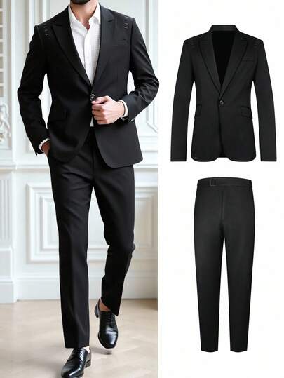 Manfinity Bizformal 2pcs Men's Fashion Suit Set, Jacket With Contrast Trim Design, Pants With Button Waist, Versatile For Work, Commute, Wedding, Suitable As Gift (Jacket And Trousers) Mens Suit Mens Black Blazer Black Suit Modern Suit Black Prom Blazer Men For Men Gala Modern Jacket Suit For Men Gala Modern
