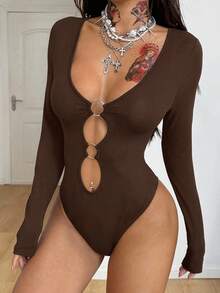 Coolane Women's Winter Streetwear Party Chic Y2K Gyaru Cutout Stretchy Long Sleeve V-Neck Brown Bodysuit - Brown - View 2