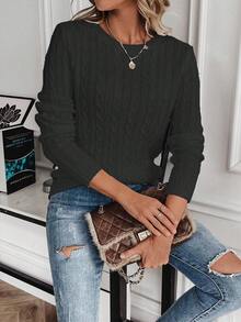 EMERY ROSE 女式休闲粗线图案圆领长袖毛衣，秋冬 - 黑色 - 查看 5