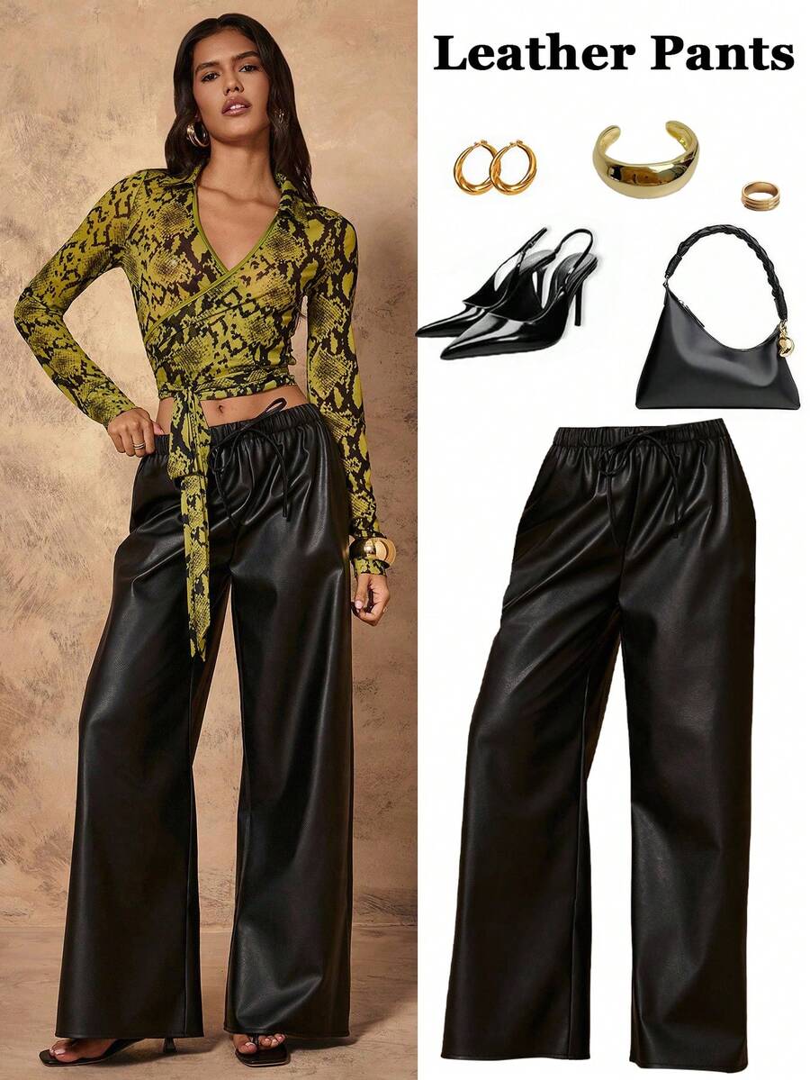 Chiquease Women's Black Low Waist Elastic Waistband Leather Pants,Casual Loose Fit Wide Leg Trousers With Drawstring,Autumn Night Out Textured Fabric Daily Wear - Black - View 1