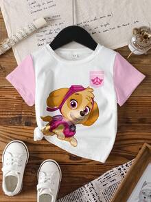 SHEIN | PAW Patrol T-shirt à manches courtes avec imprimé chien de dessin animé, couleurs contrastées, pour jeune fille, décontracté, pour les trajets quotidiens, été