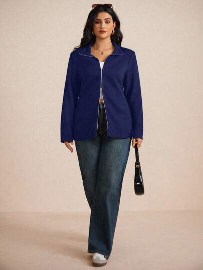 Elaquor Chaqueta casual con cremallera de manga larga y unicolor para mujer de talla grande, otoño