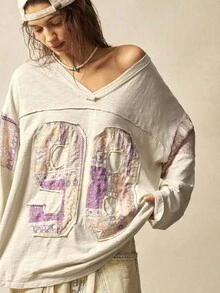 Bohemela Boho Autumn/Winter Outerwear, Women's Fashionable Vintage Patchwork Bohemia Paisley Pattern V-Neck Long Sleeve Loose T-Shirt, Western Country Style Concert Vacation, Suitable For Vacation & Daily Wear & Back To School, Christmas - Apricot - View 2