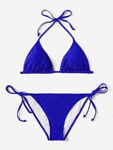 Swim Basics Summer Beach Mono Bikini Set Halter Triangle Bra & Tie Side Bottom 2 Pieces Bikini - Royal Blue - View 1