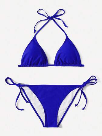 Set di bikini monocolore estivo da spiaggia, con reggiseno a triangolo con allacciatura al collo e slip con lacci ai lati, 2 pezzi