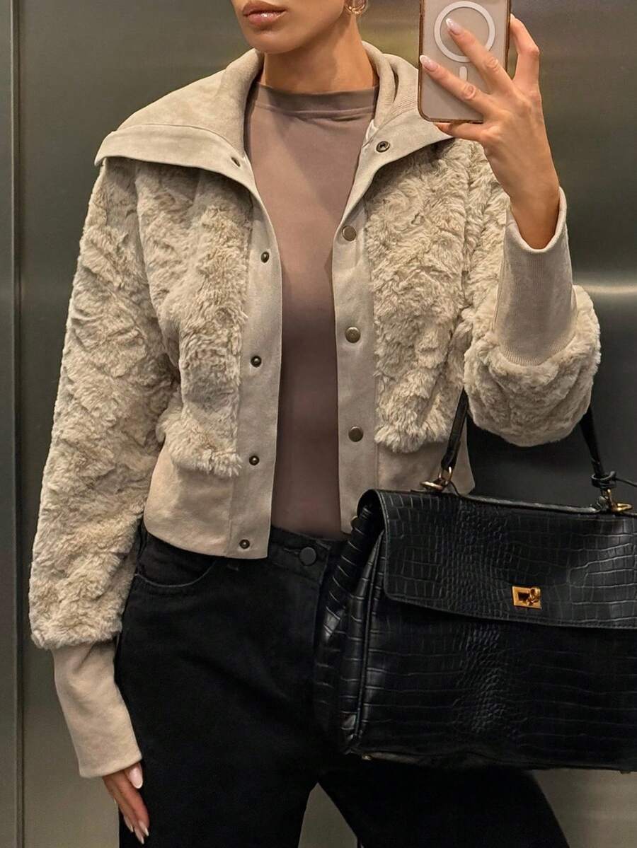 Muchica 秋冬女士时尚人造毛皮厚夹克 - 卡其色 - 查看 1