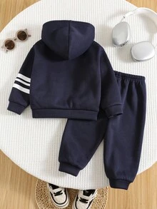 2pcs Baby Boys Thermal Lined Thick Contrast Color Ribbed Loose Raglan Hoodie Jacket And Casual Sports Pants Set, Suitable For Winter - Royal Blue - View 5