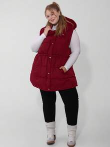 SHEIN CURVE+ Curve Plus 拉链连帽背心外套，冬季款 - 酒紅色 - 查看 5