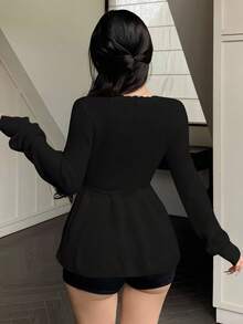 DAZY Áo len dệt kim cổ chữ V họa tiết hoa thanh lịch, màu trơn, tay dài, thu/đông, dành cho nữ - màu đen - Xem 3