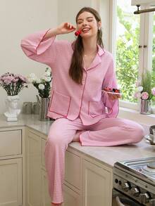 Contrast Binding Flounce Sleeve Top & Pants Lounge Set Outfit, Fall Winter Clothes Cozy And Elegant Details - Pink - View 6