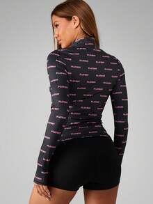 Missguided x Playboy Retro Y2K Style Full Zip Mock Neck Fashion Jacket Allover Logo Print Long Sleeve Lightweight Fall Winter Outerwear Streetwear Statement