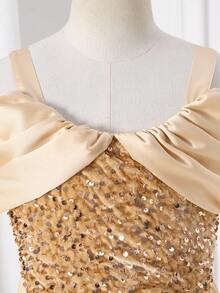 Robe de soirée élégante pour préadolescentes, avec bretelles spaghetti, épaules dénudées, taille cintrée et coupe slim. Luxueuse robe de satin rétro avec sequins champagne - Champagne - Voir 5