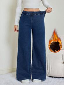 SHEIN Tall Women's Casual Side Zipper Thermal Lined Denim Jeans, Autumn/Winter, Chic Going Out Winter Clothes, Warm Brown Thermal Lined Elastic Waistband Blue Jeans - Dark Wash - View 2