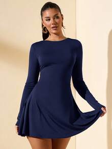 SHEIN BAE 女士修身长袖高领迷你连衣裙，荷叶边下摆，咖啡色，适合秋冬季叠穿、约会或通勤，优雅的卡座连衣裙、伞裙、办公室工作服、秋季内搭、婚礼宾客礼服。 - 藏蓝色 - 查看 5