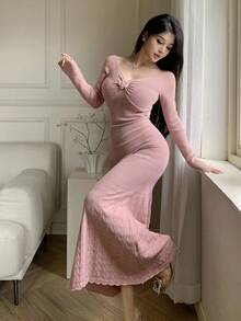 DAZY Robe fourreau à col V avec décor floral et garniture en dentelle, convient pour le Nouvel An, Noël, mariage, soirée de mode, robe de soirée, robe pull pour l'automne/hiver