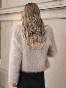 Solivie 秋冬女士优雅短款仿毛领夹克 - 卡其色 - 查看 2