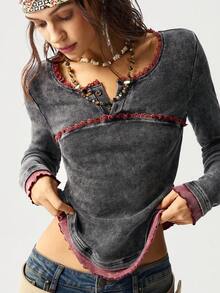 Bohemela 女士休闲针织撞色蕾丝长袖修身衬衫 - 黑色 - 查看 8