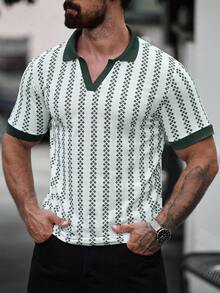 Manfinity CasualCool 男士几何印花短袖休闲 Polo 衫 - 軍綠色 - 查看 6