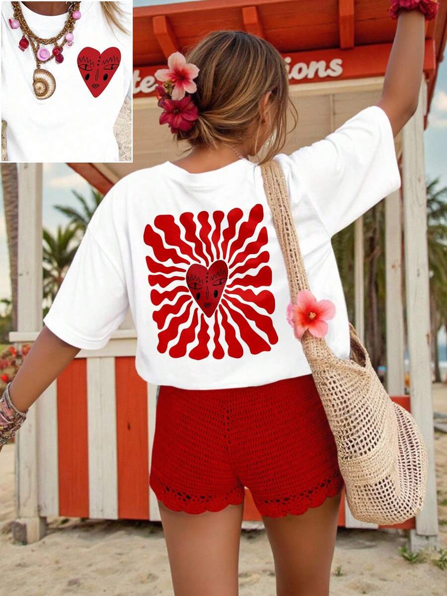 DrmWander Áo thun nữ cỡ lớn in họa tiết cổ tròn dáng rộng, thích hợp cho ngày Valentine. - trắng - Xem 1