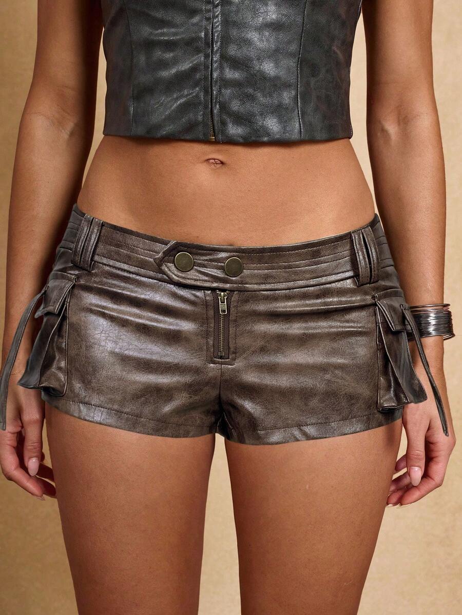 SHEIN BAE Fashionable Personalized Zipper Pocket Button Mini Slim Fit Women Shorts - Coffee Brown - View 1