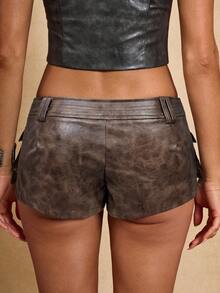 SHEIN BAE Fashionable Personalized Zipper Pocket Button Mini Slim Fit Women Shorts - Coffee Brown - View 2