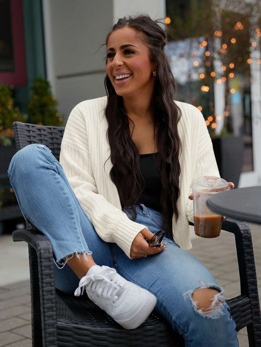 SAYEHFBABY Drop Shoulder Ribbed Knit Drop Shoulder Cardigan Fall Winter Cloth For Women - Apricot - View 1