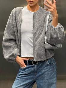 SHEIN EZwear Women's Round Neck Short Overcoat, Fall Clothes For Women - Grey - View 5