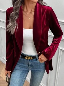 EMERY ROSE 女士优雅纯色天鹅绒西装外套 - 酒紅色 - 查看 5