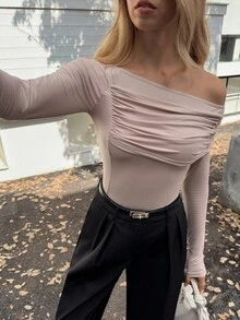 Elyressa Chemise à manches longues ajustée pour femmes, col asymétrique élégant, volants à la taille, couleur unie, convient pour les sorties quotidiennes en automne/hiver - Kaki - Voir 4