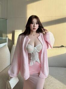 Sunspun Cárdigan de manga larga con lentejuelas de unicolor para tallas grandes