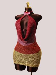 BamGleam 彩色针织亮片纱性感露背挂脖花卉装饰女式毛衣迷你连衣裙 - 彩色 - 查看 3