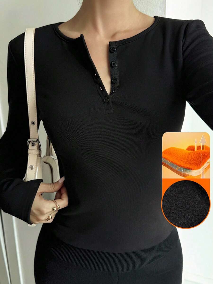 Livesso 女式纯色纽扣半开襟修身休闲长袖T恤 - 黑色 - 查看 1