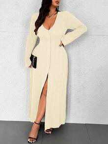 Calvaya Đầm dài họa tiết màu trơn đơn giản cỡ lớn cài nút phía trước, trang phục thu cho nữ Maxi - Màu be - Xem 6